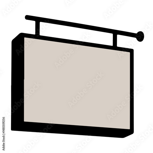 A simple illustration of a blank hanging sign with a neutral beige background, black frame, and hanging bracket.