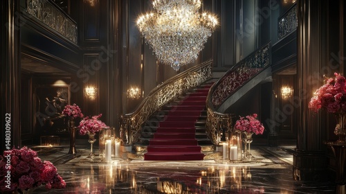 Grand mansion entryway with elegant staircase and crystal chandelier.