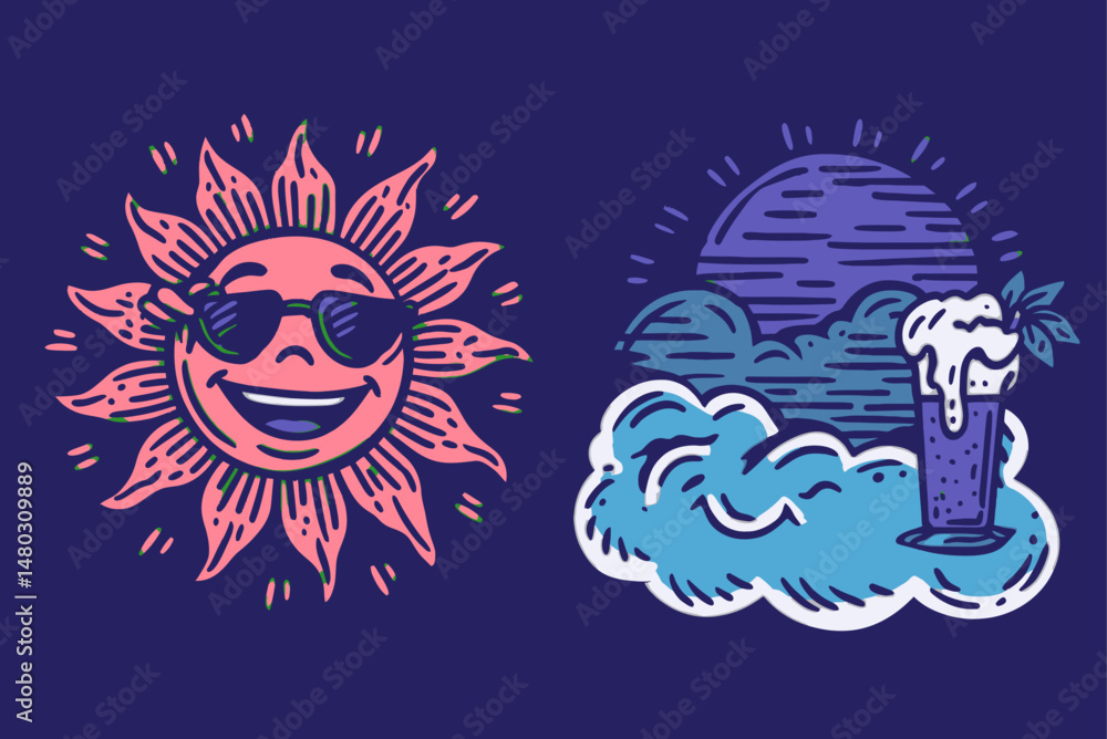 Obraz premium Playful Summer Illustration with Sun, Clouds, and Refreshing Drink
