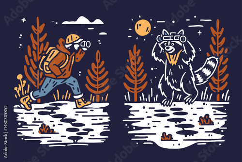 Adventurer Photography Nature Scene with Forest and Raccoon Illustration