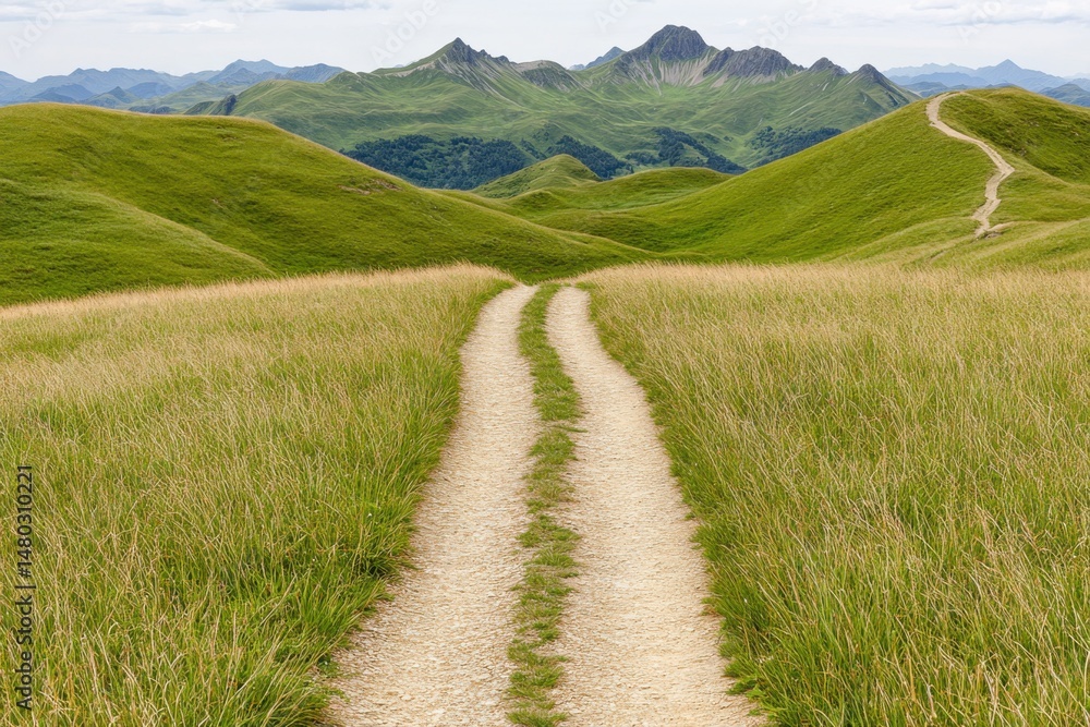 Serene Mountain Path Through Lush Meadow Serene Mountain Path Through Lush Meadow