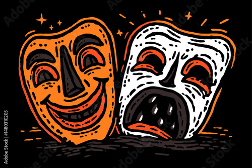 Vibrant Illustration of Comedy and Tragedy Masks on Black Background