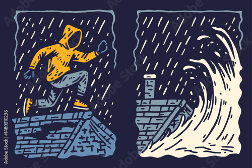 Adventurous Runner in Yellow Hoodie Facing Stormy Sea Illustration