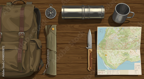 Camping gear set including backpack, map, and compass on wood table  