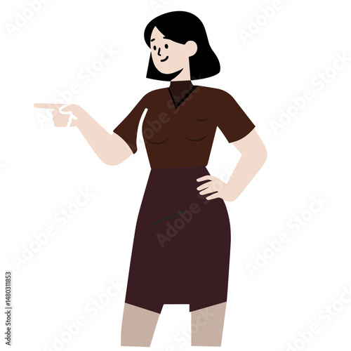 A young woman with dark hair, wearing a brown dress and skirt, points to her right side with a cheerful expression. Vector illustration, isolated on a white background.