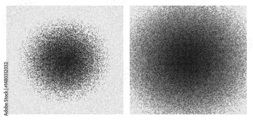 Pixel censor noise blobs. Two circular dark distortions simulate digital blackout or restricted data zones in modern glitch aesthetic. Vector illustration.