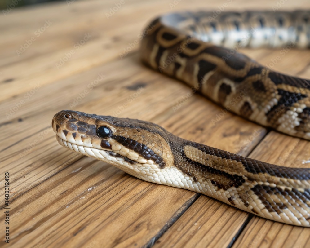Fototapeta premium Ball python slithering gracefully on a wooden surface close-up photography natural environment captivating detail