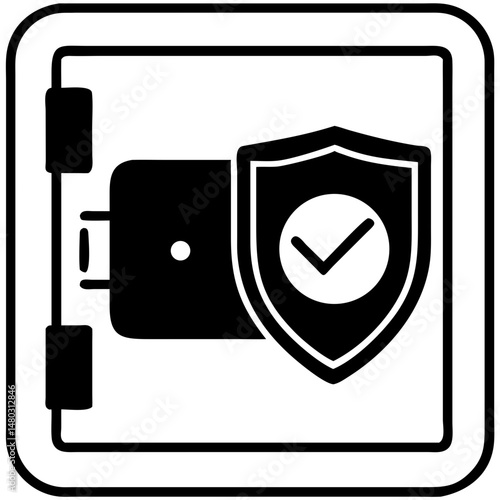 Shielded safe icon with checkmark for certified storage visuals, data protection infographics, insurance blogs and fintech compliance content

