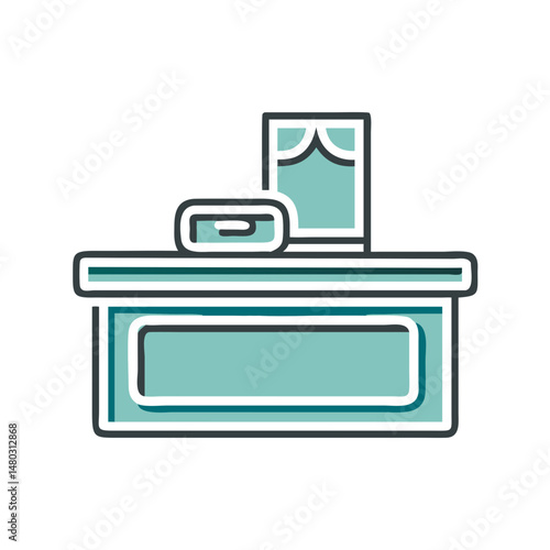 Cash register desk with banknote illustration for ecommerce designs, retail checkout icons, fintech graphics and point of sale visuals

