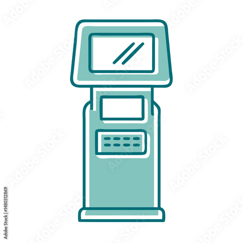 Interactive digital kiosk illustration with screens and keypad for fintech apps, self-service zones, UI/UX templates and smart terminal graphics

