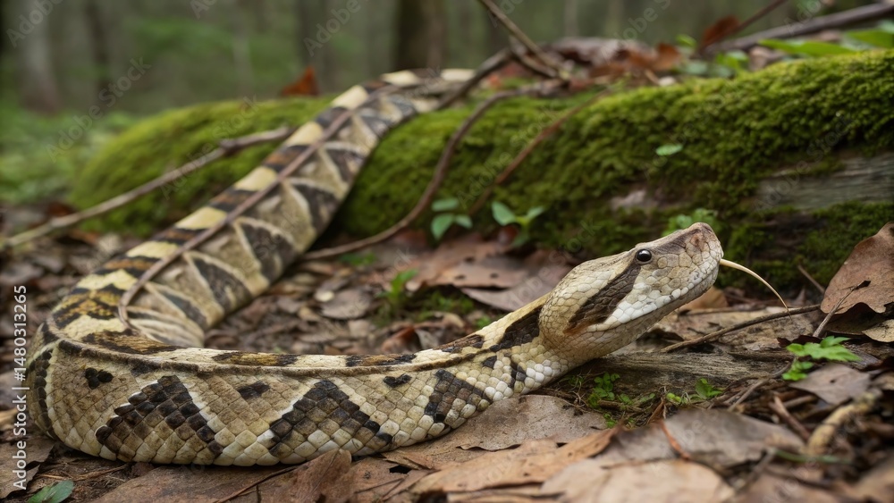 Obraz premium Gaboon viper observing in the forest nature photography detailed scale texture lush environment close-up view serpent camouflage for seo impact