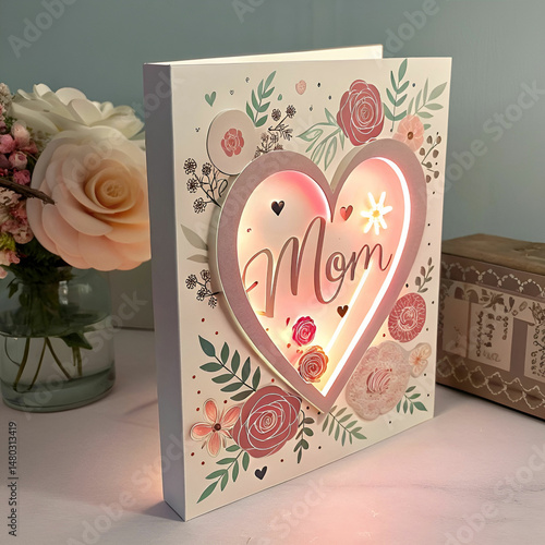 glowing mothers day nice card design with 3d heart