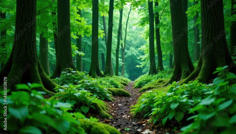 Fototapeta premium Overgrown forest with decaying trees in the background, greenery, untouched