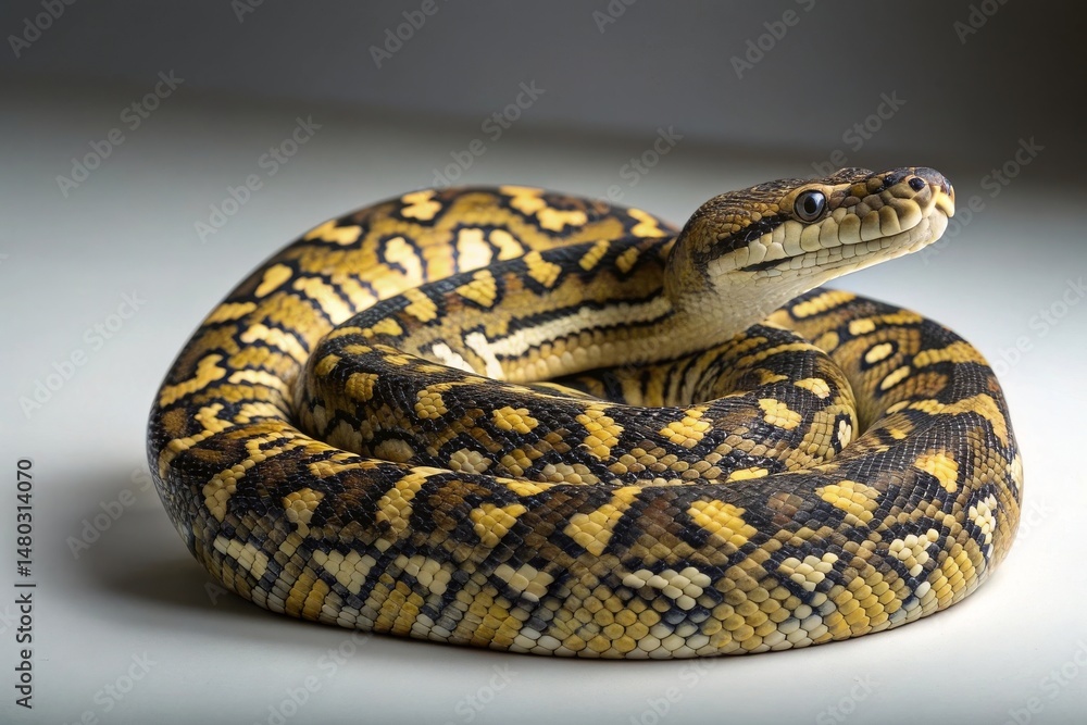Coiled reticulated python in a studio setting high-contrast pattern photography indoor environment close-up perspective for stunning visual impact Coiled reticulated python in a studio setting high-contrast pattern photography indoor environment close-up perspective for stunning visual impact