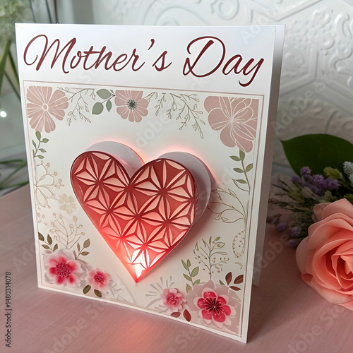 glowing mothers day nice card design with 3d heart