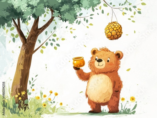 Cute Bear Holding Honey Jar Under Tree with Bright Yellow Flowers