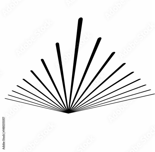 Radial lines, radiating, abstract element lines for explosion, burst, spread theme. Grunge spray paint. Isolated black lines. Modern textured shapes. Dry border in black. Raised lines