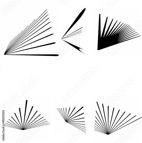 Radial lines, radiating, abstract element lines for explosion, burst, spread theme. Grunge spray paint. Isolated black lines. Modern textured shapes. Dry border in black. Raised lines