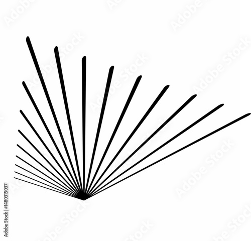 Radial lines, radiating, abstract element lines for explosion, burst, spread theme. Grunge spray paint. Isolated black lines. Modern textured shapes. Dry border in black. Raised lines