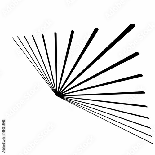 Radial lines, radiating, abstract element lines for explosion, burst, spread theme. Grunge spray paint. Isolated black lines. Modern textured shapes. Dry border in black. Raised lines