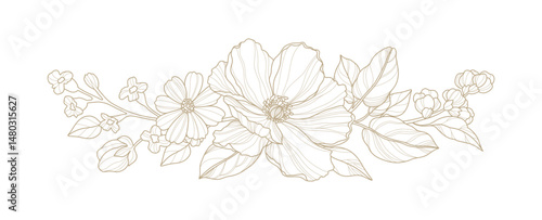 Hand drawn floral frame in line art style. Elegant composition of flowers, stems and leaves. Trendy botanical elements. Vector illustration 
