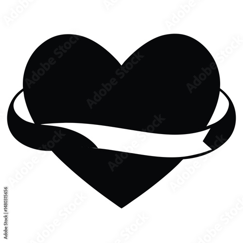 Elegant Black Heart Icon with White Ribbon Perfect for Love, Romance, and Valentine's Day Designs
