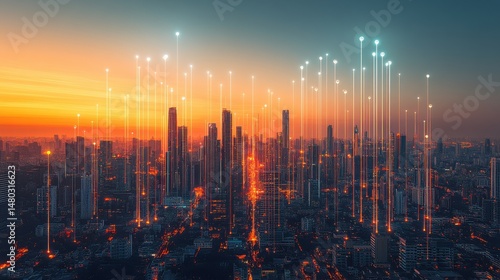 Wallpaper Mural Futuristic Skyline with Digital Connectivity Over City at Sunset Torontodigital.ca