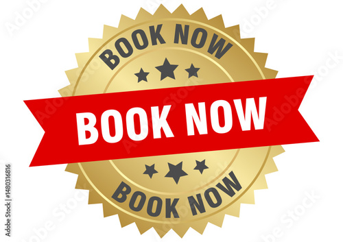 book now. book now round red and gold label isolated on transparent background