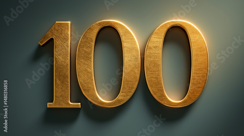 Elegant gold metal number 100 in striking 3D display