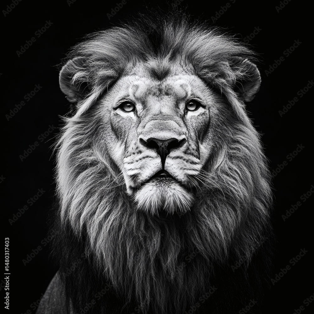 High-contrast monochrome portrait of a regal lion with detailed mane, symbolizing strength, pride, and authority High-contrast monochrome portrait of a regal lion with detailed mane, symbolizing strength, pride, and authority