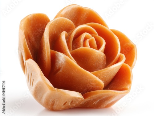 Close up studio shot of a caramel colored rose flower carving on white background art object still life