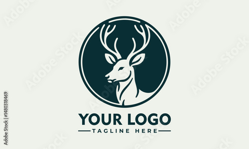 Elegant Line Art Illustration of a Deer Head with Antlers in Profile within a Circular Frame. Animal Illustration Concept