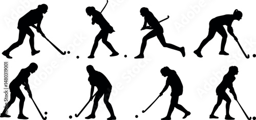 Set of women's hockey game silhouettes