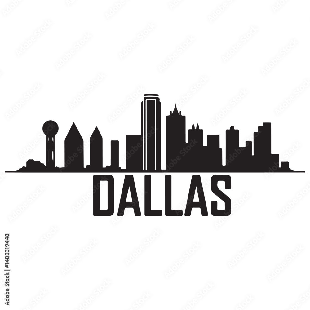 Fototapeta premium Vector Dallas skyline. Travel Dallas famous landmarks. Business and tourism concept for presentation, banner, web site. Vector black silhouette. with white background
