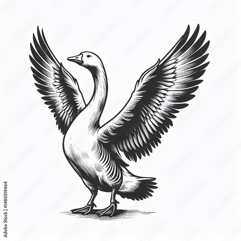 Obraz premium Majestic Goose Black and White Engraved Illustration with Wings Spread