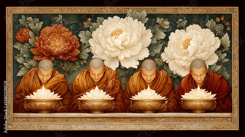 Buddhist Monks in Saffron Robes Engage in Lantern-Lighting Ritual at Twilight in a Temple Courtyard, Depicted in Detailed Tibetan Thangka Painting Style