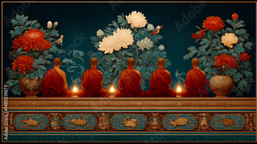 Buddhist Monks in Saffron Robes Perform a Lantern-Lighting Ritual in a Tranquil Temple Courtyard at Twilight, Embodying Serenity Through Thangka Painting Tradition