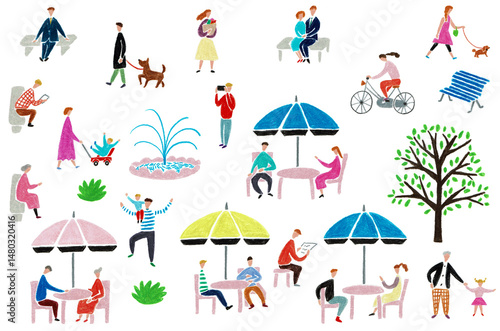 手描きイラストセット　公園に集まる人々