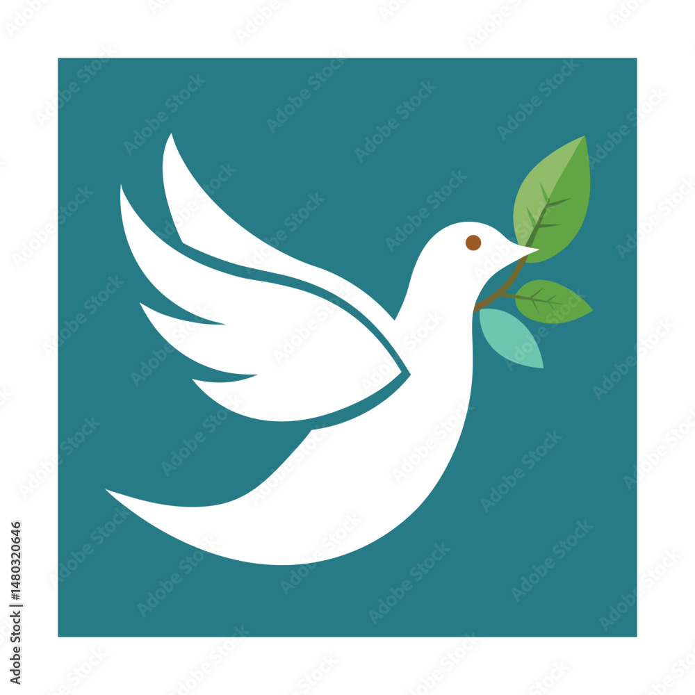 Obraz premium Symbolic white dove carrying olive branch against teal square background for peace concept