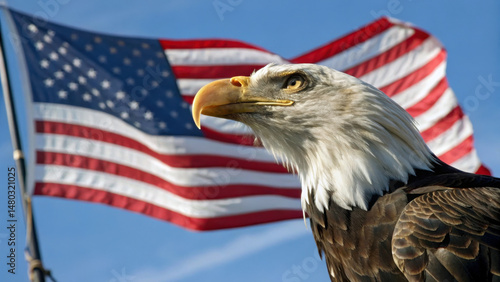 Close-up of American bald eagle with flag in background, patriotic summer concept. Generative AI