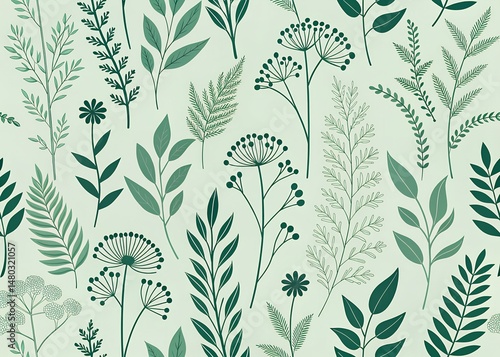  Abstract repeating pattern of minimalist plant silhouettes in darker green on a light green background, seamless vector look, flat texture, modern botanical wallpaper design.