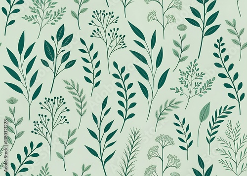  Abstract repeating pattern of minimalist plant silhouettes in darker green on a light green background, seamless vector look, flat texture, modern botanical wallpaper design.