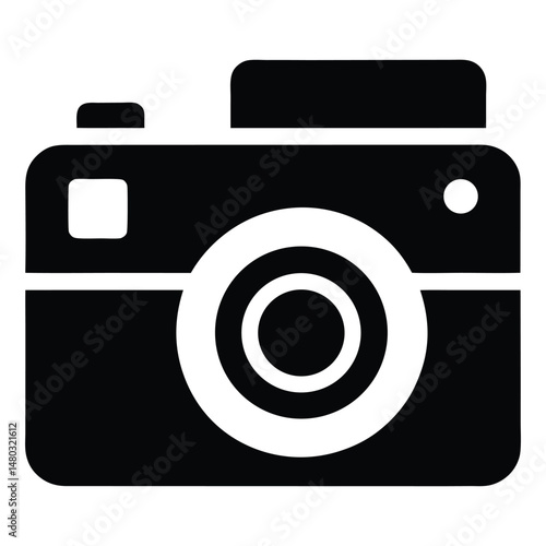 Minimalist black and white camera icon representing photography technology and creativity
