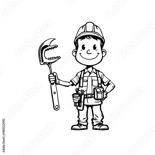 Confident Cartoon Construction Worker Illustration, Hard Hat and Tool Belt, Holding Large Wrench, Minimalist Black and White Vector Art