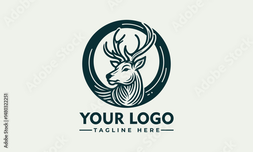 Elegant Line Art Illustration of a Deer Head with Antlers in Profile within a Circular Frame. Animal Illustration Concept