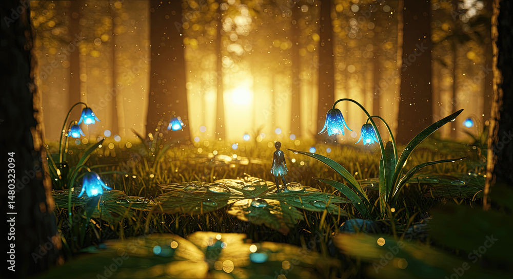 Obraz premium Miniature Fairy in Enchanted Forest at Dusk