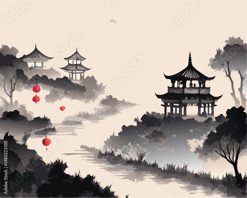 vector chinese temple on the hill