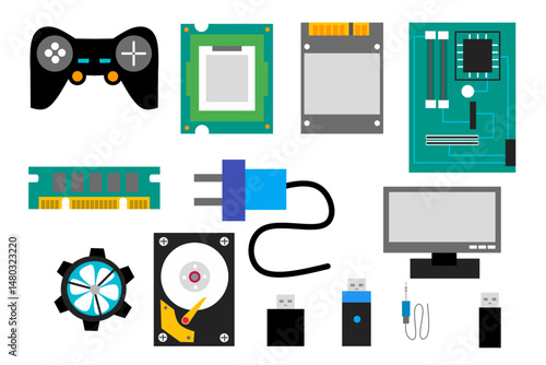 Set of Computer Part like Harddisk, SSD, Motherboard, Fan, Gamepad, RAM, Plug, Monitor, USB Drive, Jack