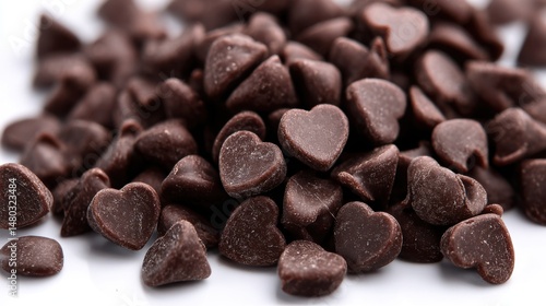 Close up of Heart Shaped Chocolate Chips Piled Together on White Surface Studio Shot Macro Sweet Treat