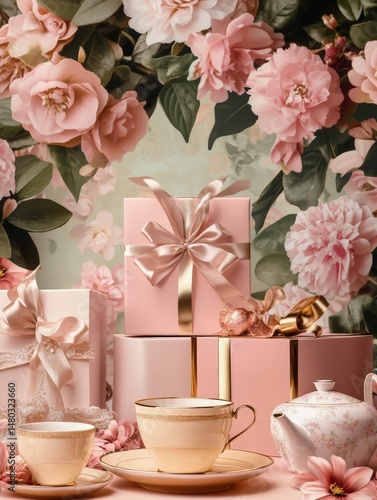 Elegant tea setting with pink floral background, featuring gifts and pastries for a celebration
